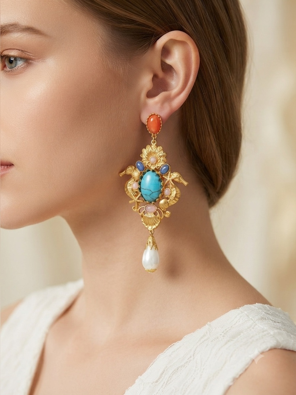 Baroque Seahorse Turquoise Stone Gold Tone Vintage Mystical Statement Earrings